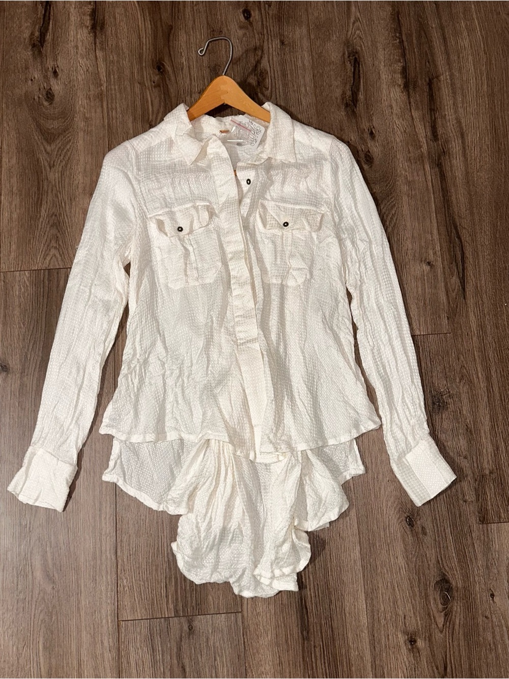 Free People Ivory Button Down Top High Low Hem Waffle Knit Pattern New